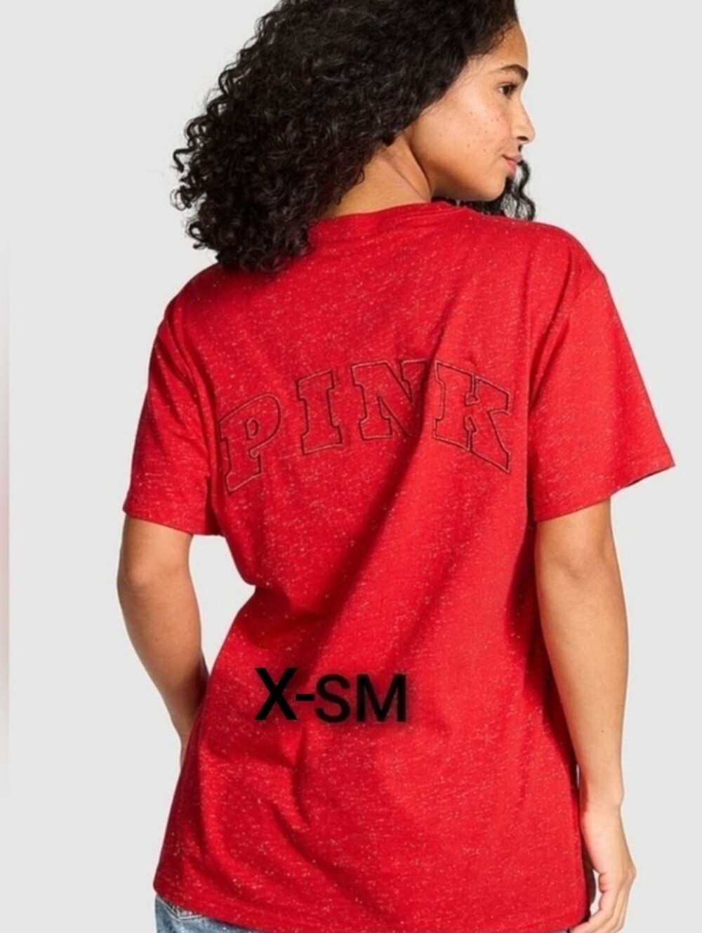 SZ X-SMALL VS PINK RED GLITTERY CAMPUS TEE.